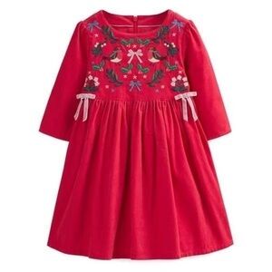 Mini Boden Girl’s Holiday Embroidered Cord Dress in Red